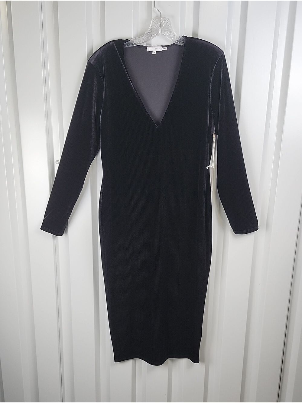 Good American Womens Black Ribbed Velvet V-Neck Long Sleeve Dress Size 4 US XL